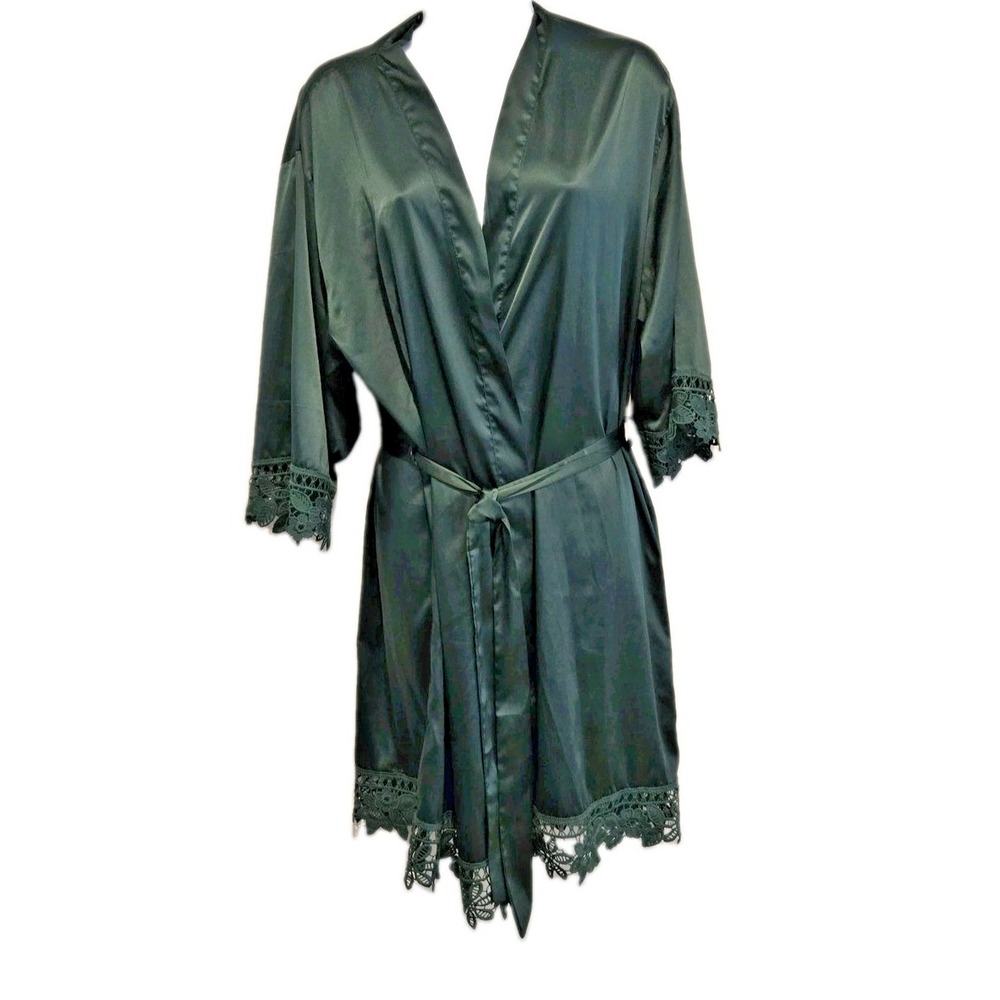 Kennedy Blue Women's Satin Robe Lace Trim Emerald Green Sash Belt Fits Size S/M